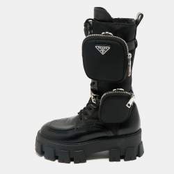 Prada Black Leather and Nylon Monolith Combat Boots Size 37.5