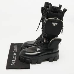 Pre Owned Prada Black Leather and Nylon Monolith Combat Boots Size 37.5