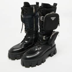 Pre Owned Prada Black Leather and Nylon Monolith Combat Boots Size 37.5