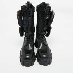 Pre Owned Prada Black Leather and Nylon Monolith Combat Boots Size 37.5