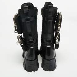Pre Owned Prada Black Leather and Nylon Monolith Combat Boots Size 37.5