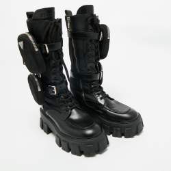 Pre Owned Prada Black Leather and Nylon Monolith Combat Boots Size 37.5