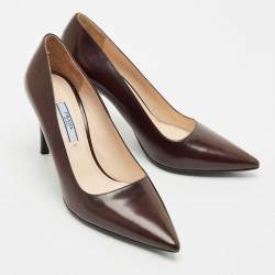 Pre Owned Prada Dark Brown Saffiano Leather Pointed Toe Pumps Size 37.5