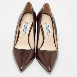 Pre Owned Prada Dark Brown Saffiano Leather Pointed Toe Pumps Size 37.5