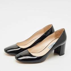 Prada Black Patent Leather Bow Block Heel Pumps Size 37.5
