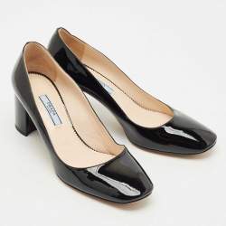 Prada Black Patent Leather Bow Block Heel Pumps Size 37.5