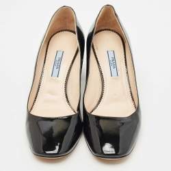 Prada Black Patent Leather Bow Block Heel Pumps Size 37.5