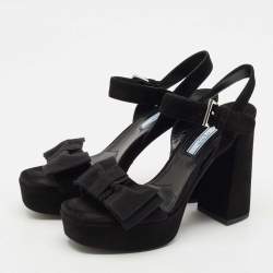 Prada Black Suede Ankle Strap Block Heel Platform Sandals Size 39
