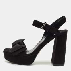 Prada Black Suede Ankle Strap Block Heel Platform Sandals Size 39