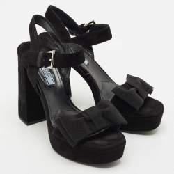 Prada Black Suede Ankle Strap Block Heel Platform Sandals Size 39