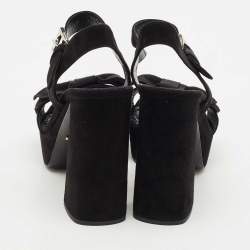Prada Black Suede Ankle Strap Block Heel Platform Sandals Size 39