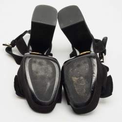 Prada Black Suede Ankle Strap Block Heel Platform Sandals Size 39
