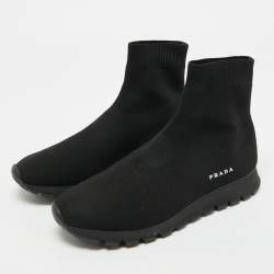 Pre Owned Prada Black Knit Fabric Sock Runner High Top Sneakers Size 35.5