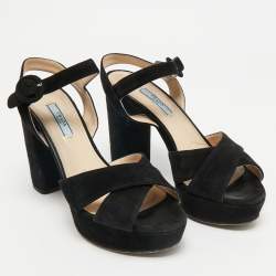 Pre Owned Prada Black Suede Platform Ankle Strap Sandals Size 38.5