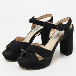 Pre Owned Prada Black Suede Platform Ankle Strap Sandals Size 38.5