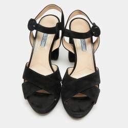 Pre Owned Prada Black Suede Platform Ankle Strap Sandals Size 38.5