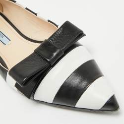 Pre Owned Prada Black/White Leather Pointed Toe Bow Detail Ballet Flats Size 37.5