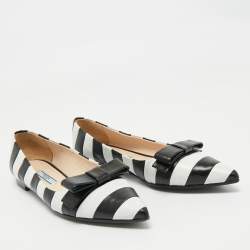 Pre Owned Prada Black/White Leather Pointed Toe Bow Detail Ballet Flats Size 37.5
