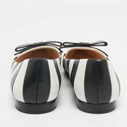 Pre Owned Prada Black/White Leather Pointed Toe Bow Detail Ballet Flats Size 37.5