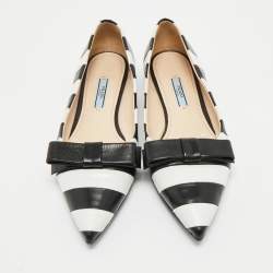 Pre Owned Prada Black/White Leather Pointed Toe Bow Detail Ballet Flats Size 37.5