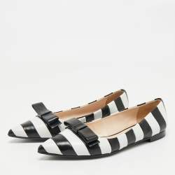 Pre Owned Prada Black/White Leather Pointed Toe Bow Detail Ballet Flats Size 37.5