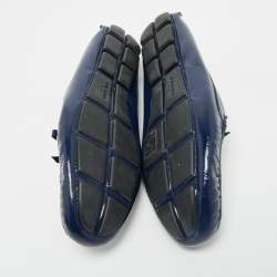 Pre Owned Prada Navy Blue Saffiano Patent Leather Bow Slip On Loafers Size 39.5
