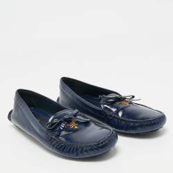 Pre Owned Prada Navy Blue Saffiano Patent Leather Bow Slip On Loafers Size 39.5