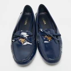 Pre Owned Prada Navy Blue Saffiano Patent Leather Bow Slip On Loafers Size 39.5