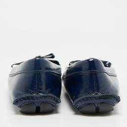 Pre Owned Prada Navy Blue Saffiano Patent Leather Bow Slip On Loafers Size 39.5