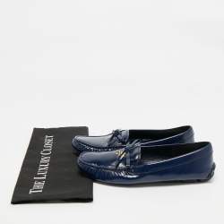 Pre Owned Prada Navy Blue Saffiano Patent Leather Bow Slip On Loafers Size 39.5