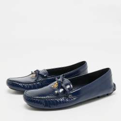 Pre Owned Prada Navy Blue Saffiano Patent Leather Bow Slip On Loafers Size 39.5