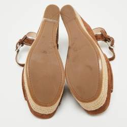 Pre Owned Prada Brown Suede Ankle Strap Wedge Sandals Size 38.5
