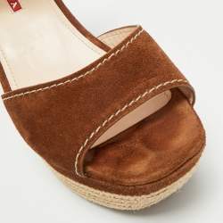 Pre Owned Prada Brown Suede Ankle Strap Wedge Sandals Size 38.5