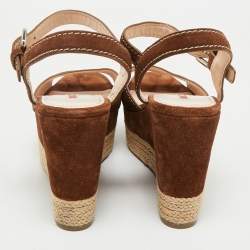Pre Owned Prada Brown Suede Ankle Strap Wedge Sandals Size 38.5
