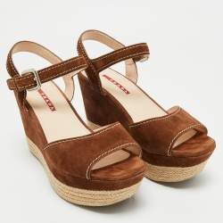Pre Owned Prada Brown Suede Ankle Strap Wedge Sandals Size 38.5