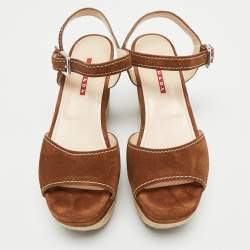 Pre Owned Prada Brown Suede Ankle Strap Wedge Sandals Size 38.5