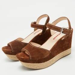 Pre Owned Prada Brown Suede Ankle Strap Wedge Sandals Size 38.5