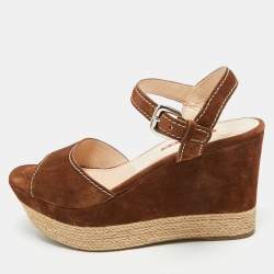 Prada Brown Suede Ankle Strap Wedge Sandals Size 38.5
