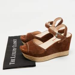 Pre Owned Prada Brown Suede Ankle Strap Wedge Sandals Size 38.5