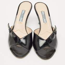 Pre Owned Prada Black Patent Leather Logo Slide Sandals Size 36.5