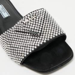 Prada Black Satin Crystal Embellished Flat Slides Size 36.5
