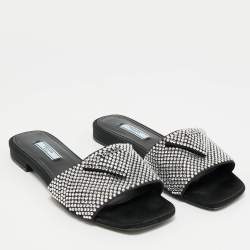 Prada Black Satin Crystal Embellished Flat Slides Size 36.5