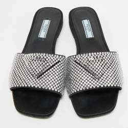 Prada Black Satin Crystal Embellished Flat Slides Size 36.5