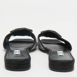 Prada Black Satin Crystal Embellished Flat Slides Size 36.5