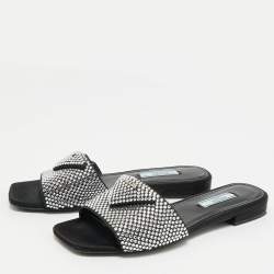 Prada Black Satin Crystal Embellished Flat Slides Size 36.5