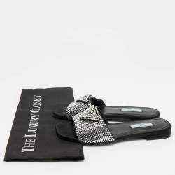 Prada Black Satin Crystal Embellished Flat Slides Size 36.5