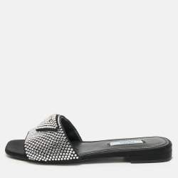 Prada Black Satin Crystal Embellished Flat Slides Size 36.5