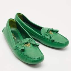 Pre Owned Prada Green Saffiano Leather Bow Slip On Loafers Size 38