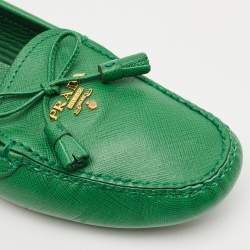 Pre Owned Prada Green Saffiano Leather Bow Slip On Loafers Size 38