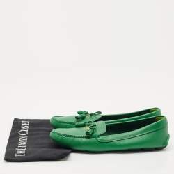 Pre Owned Prada Green Saffiano Leather Bow Slip On Loafers Size 38